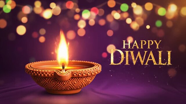 Happy Diwali Festival of Lights Greeting Card with Lit Diya Lamps and Marigold Flowers on Purple Background