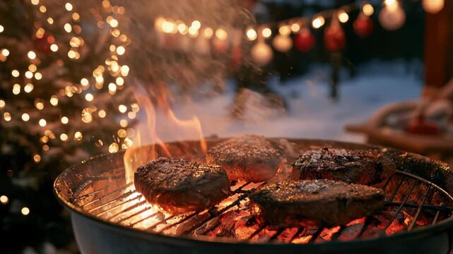 Grilling steak in a winter setting with holiday lights in the background