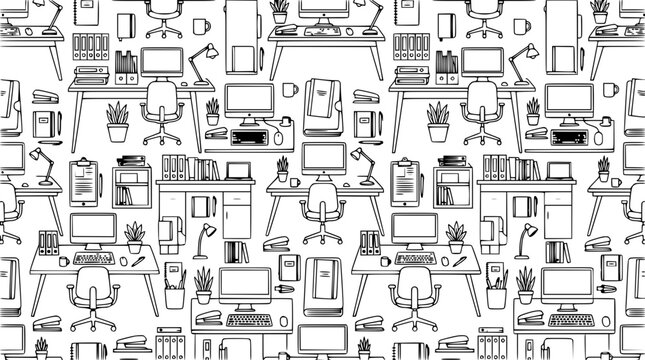 Doodle Office Desk and Computer Pattern