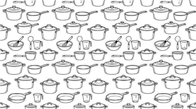 Hand-drawn kitchenware pattern, cooking utensils, seamless background