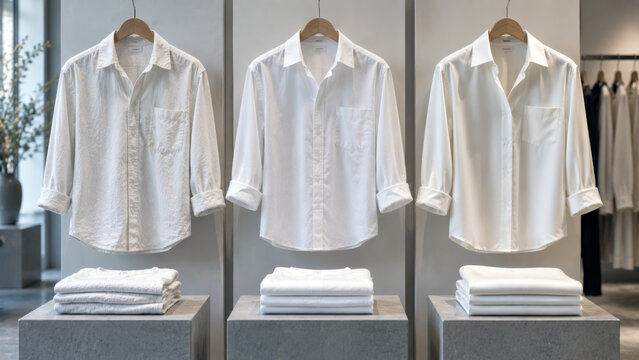 White button down shirts displayed on wooden hangers above neatly folded clothing in a modern fashion store