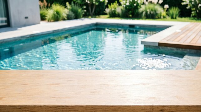 Wooden Table Surface In Front Of A Modern Swimming Pool For Product Display