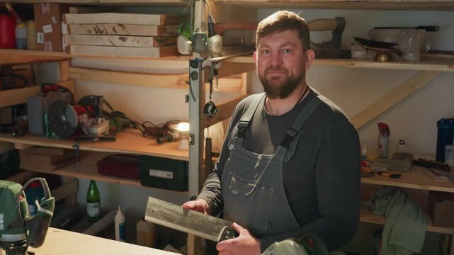 Man inspects large handsaw while standing at his workbench. background reveals shelves filled with various power tools lumber hardware supplies and woodworking equipment in organized