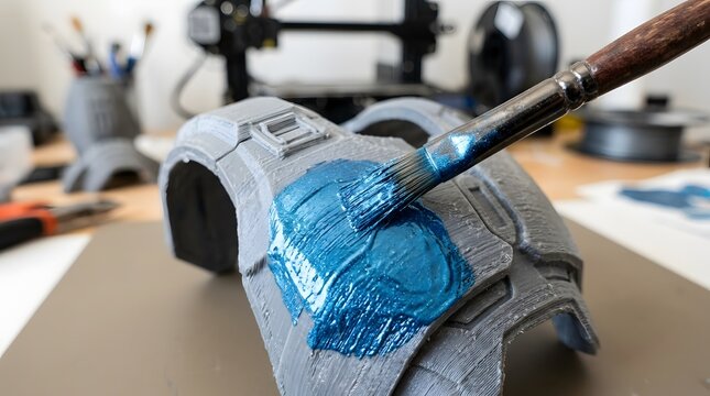 Artist applying metallic blue paint to a grey three dimensional model