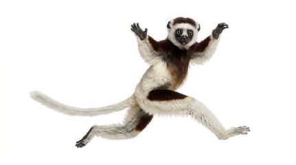 Fototapeta premium Active coquerel sifaka lemur jumping in mid-air against a clean white background with wild animal exotic animal zoo animal rare species animal movement white fur brown markings dynamic animal