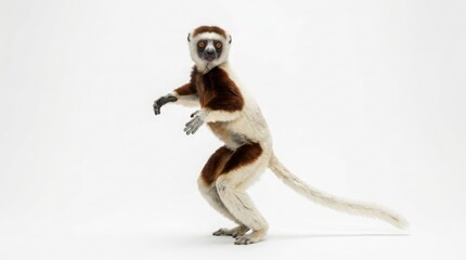 Fototapeta premium Full body studio portrait of a coquerel sifaka lemur standing alert on a white background with wild animal exotic animal zoo animal rare species white fur brown markings wildlife photography