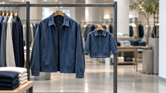 Matching adult and child blue jackets displayed on hangers in a modern clothing store