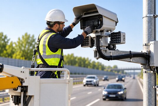 Roadside traffic enforcement camera inspection by technician in aerial work platform, preventive maintenance and servicing of ANPR highway monitoring equipment and infrastructure concept