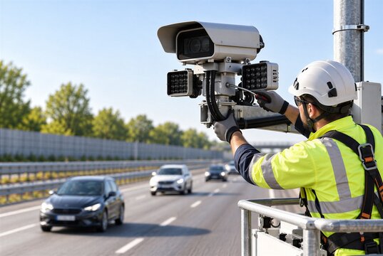 maintenance, cleaning, camera, ANPR, optics, technician, enforcement, traffic, highway, roadside, lens, window, inspection, service, surveillance, monitoring, equipment, microfiber, glove, worker, pre