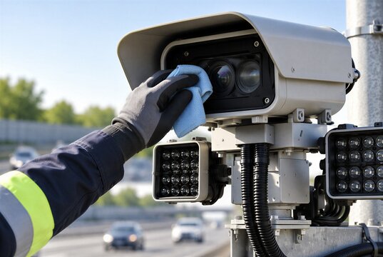 Technician cleaning optical window of roadside traffic enforcement camera, preventive maintenance of ANPR surveillance equipment, optics and highway monitoring infrastructure concept