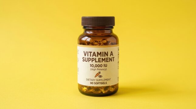 Vitamin A Supplement Bottle with 10 000 IU on Bright Yellow Background