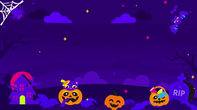 Cute Cartoon Halloween Haunted House Background with Pumpkins Loop