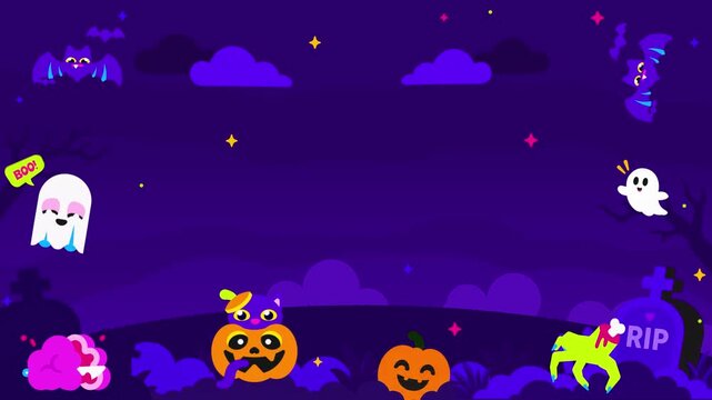 Cute Cartoon Halloween Background with Ghosts and Pumpkins Loop