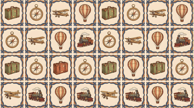 Vintage travel seamless pattern with compass, airplane, balloon, and train in grid squares