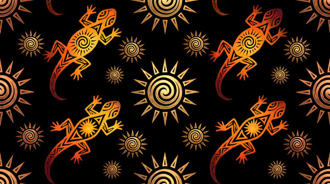 Seamless tribal pattern with lizards and suns on black background