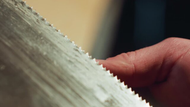 Close up shows hands examining or using old metal bladed saw with visible teeth. focus remains on sharpness and condition of tool highlighting its texture and details