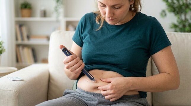 Woman injecting insulin pen into her abdomen for diabetes management at home