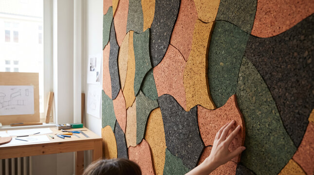 Designer arranging colorful modular cork wall panels in creative modern interior studio. Concept of dyed cork, modular pattern, acoustic panel, interior design, modular design.