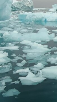 Vertical Video of Wide Field of Floating Ice Fragments. Broken white ice spreads across blue-green water, showing varied frozen shapes, surface texture and gentle ripples in a natural seascape.