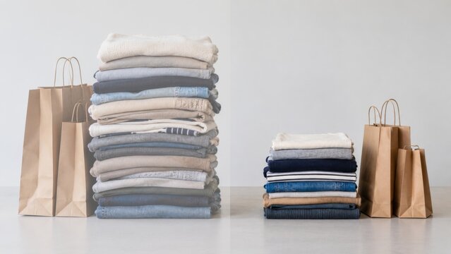 Stacks of folded casual clothing with paper shopping bags showing a comparison between large and small purchases