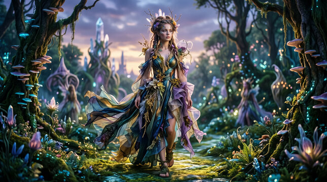 Beautiful fairy queen walking in magical enchanted forest with glowing crystals and bioluminescent plants. Concept of fantasy woman.