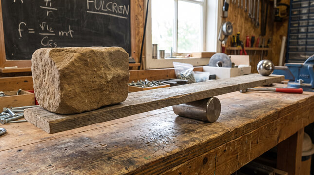 Lever principle physics demonstration with heavy stone balancing steel sphere on wooden plank fulcrum. Concept of physics experiment, mechanical advantage.