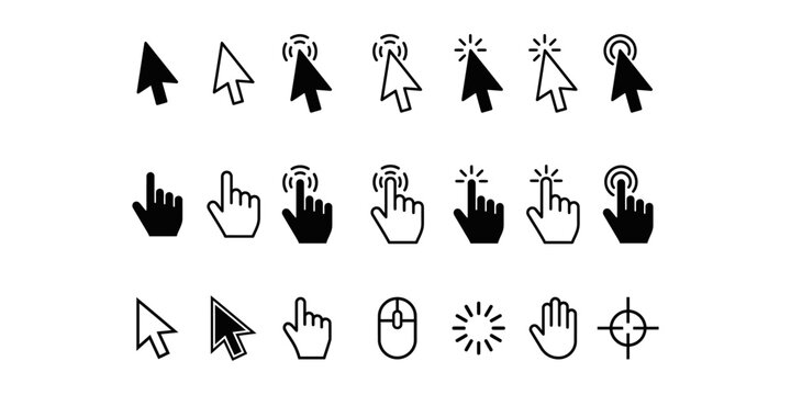 Set of various computer mouse cursor icons and hand pointer symbols for web design