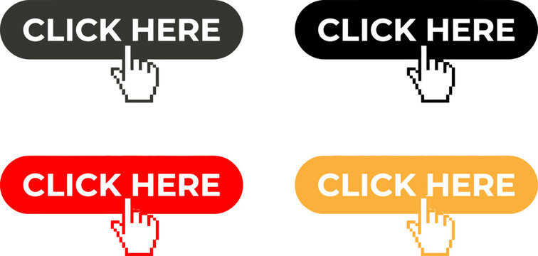 Set of four colorful click here buttons with computer mouse cursor icons