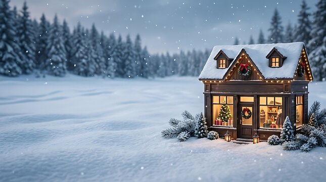A serene winter wonderland scene featuring a cozy cabin illuminated warmly during the magical christmas season