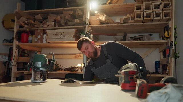 Man in overalls selects and uses power tools like electric drill at workbench filled with woodworking materials. scene is set in well equipped woodshop featuring various hand tools