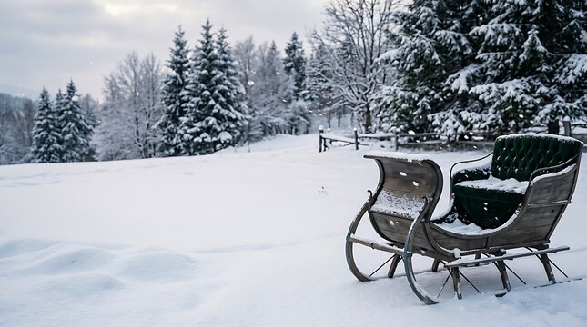 A serene winter wonderland scene featuring a horse drawn sleigh resting peacefully in a snowy landscape evoking christmas