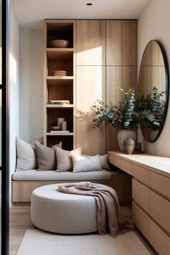 Modern dressing room with natural oak cabinetry, soft linen textures and a large round mirror creating a calm Scandinavian inspired interior