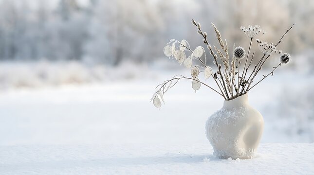 A serene winter landscape with a vase of dried flowers evokes the quiet beauty of the christmas season