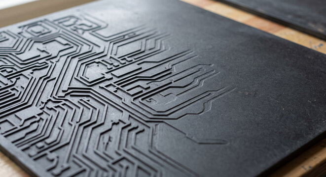 Dark textured panel engraved with raised circuit lines and microchip paths in modern industrial workshop. Concept of circuit board, channels, textured surface, tech pattern, motherboard, electronics.