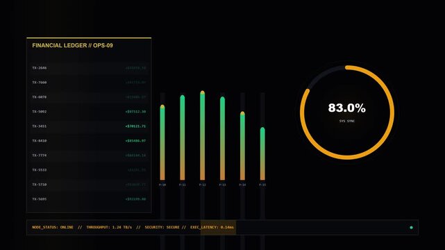 Digital financial ledger dashboard showing real-time transaction data and system synchronization analytics on a dark background.