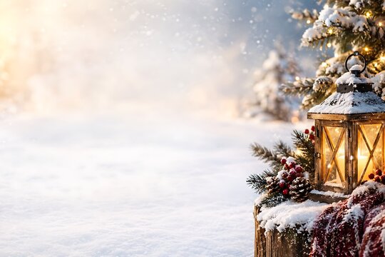 A serene winter landscape with a warmly lit christmas tree evoking feelings of joy and peaceful celebration