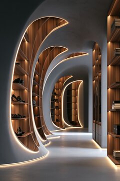 Ultra modern dressing room with futuristic curved shelving, hidden lighting and seamless surfaces in a high end architectural interior