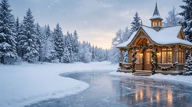 A serene winter wonderland scene featuring a cozy cabin illuminated against a backdrop of snowy trees and a