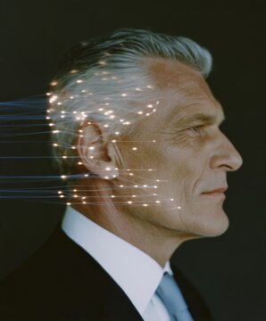 Senior man in profile with glowing digital light trails