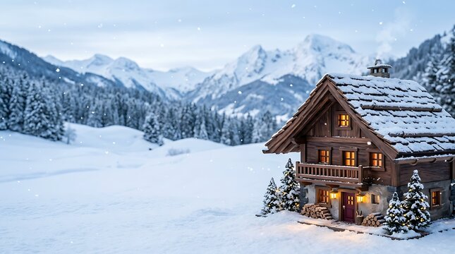 A serene winter landscape featuring a cozy cabin nestled amongst snow covered mountains during the christmas season