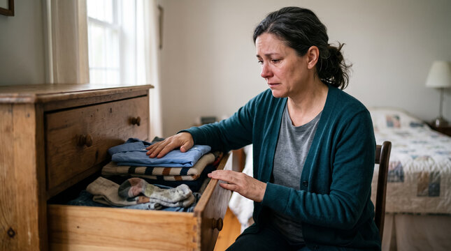 Grieving woman crying while sorting clothes of deceased loved one in bedroom drawer. Concept of belongings, grief, loss, sadness.