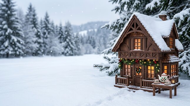 A cozy cabin nestled in a snowy wonderland evokes the magic and peacefulness of the christmas season