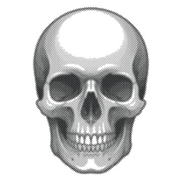 Monochromatic Halftone Human Skull Silhouette. Additional Visible Detail Includes Anatomy.