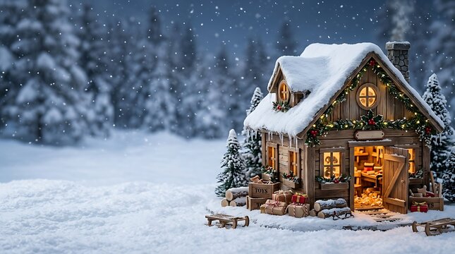 A serene winter landscape featuring a cozy illuminated cabin nestled amidst a snow covered forest during christmas time
