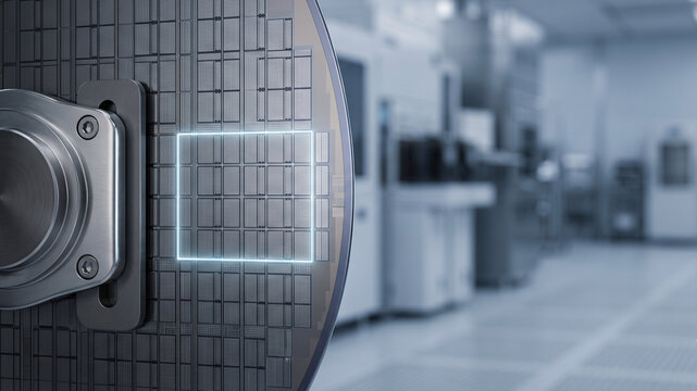 Technical visualization of silicon wafer section featuring dedicated DRAM memory die partitions and highlighted chip production inside a cleanroom semiconductor manufacturing facility