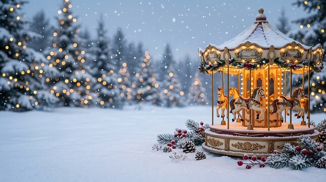 A magical winter wonderland scene featuring a beautifully illuminated carousel amidst a snowy christmas landscape with fir trees
