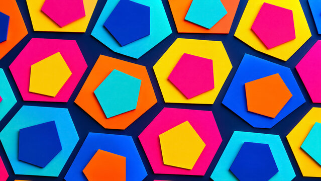 Colorful abstract geometric background with bright layered polygons and pentagons pattern. Concept of colorful shapes, bright colors, pentagon shape, layered design, paper craft, flat lay.
