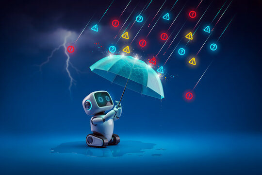 A small white robot holding a blue umbrella under a rain of glowing neon warning and question mark symbols with lightning in a dark blue sky