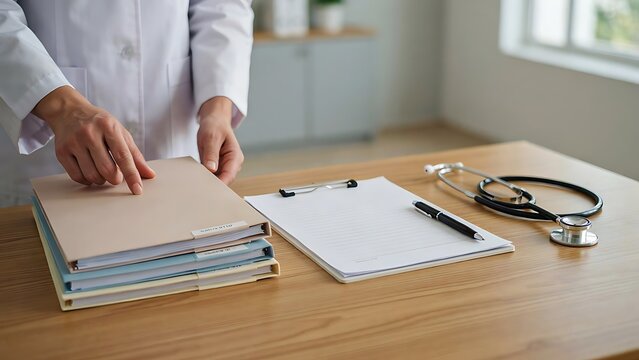 A doctor in a white coat touches a stack of medical files on a wooden table with a blank clipboard and a stethoscope lying nearby in an office