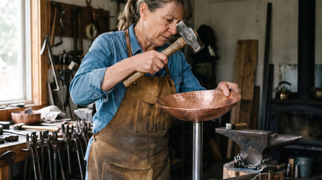 Female metalsmith shaping shallow copper bowl with hammer in workshop. Concept of coppersmith, blacksmith, metalworking, craftswoman.